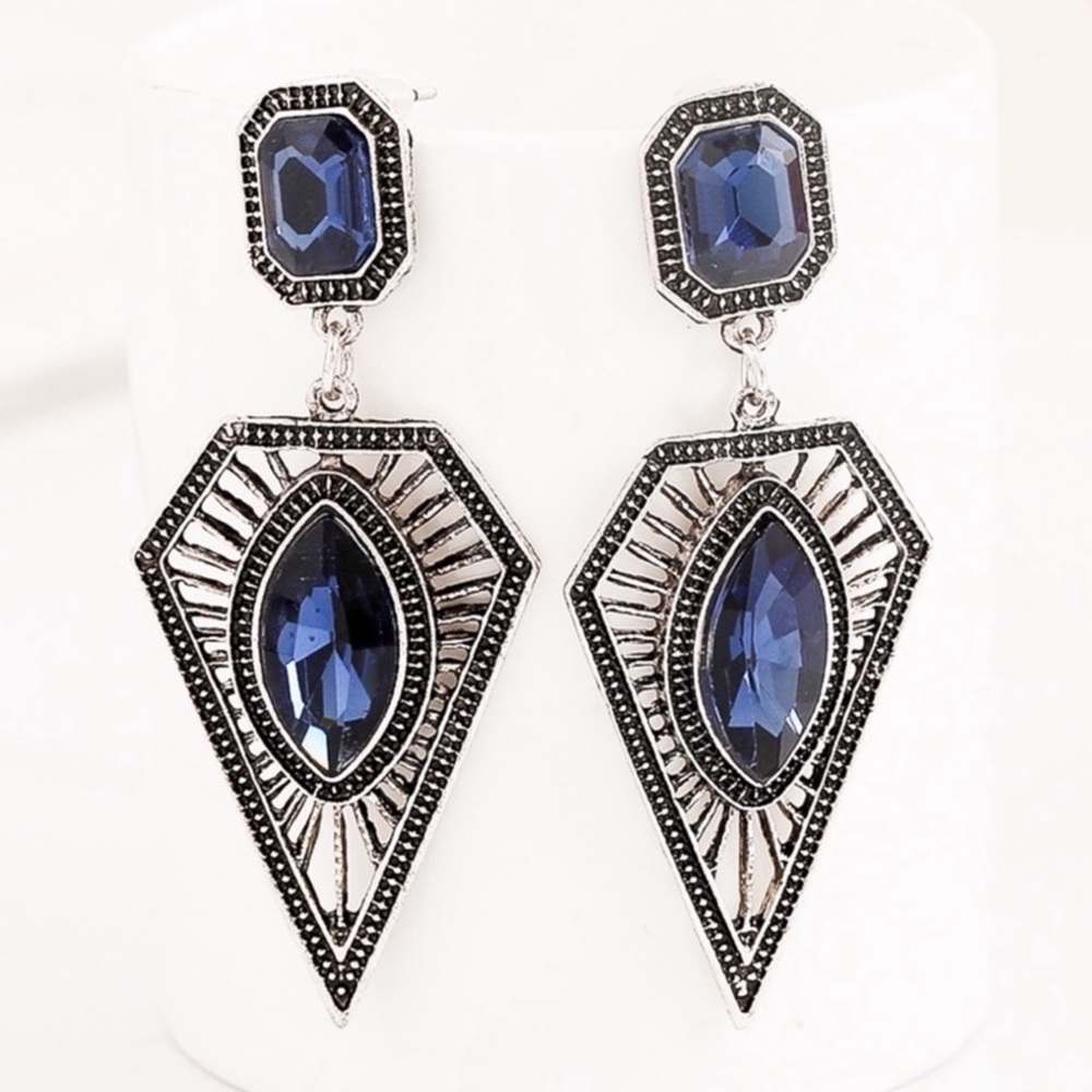 Vintage Silver Blue Gem Dangle Stud Earrings - Picture 6 of 8
